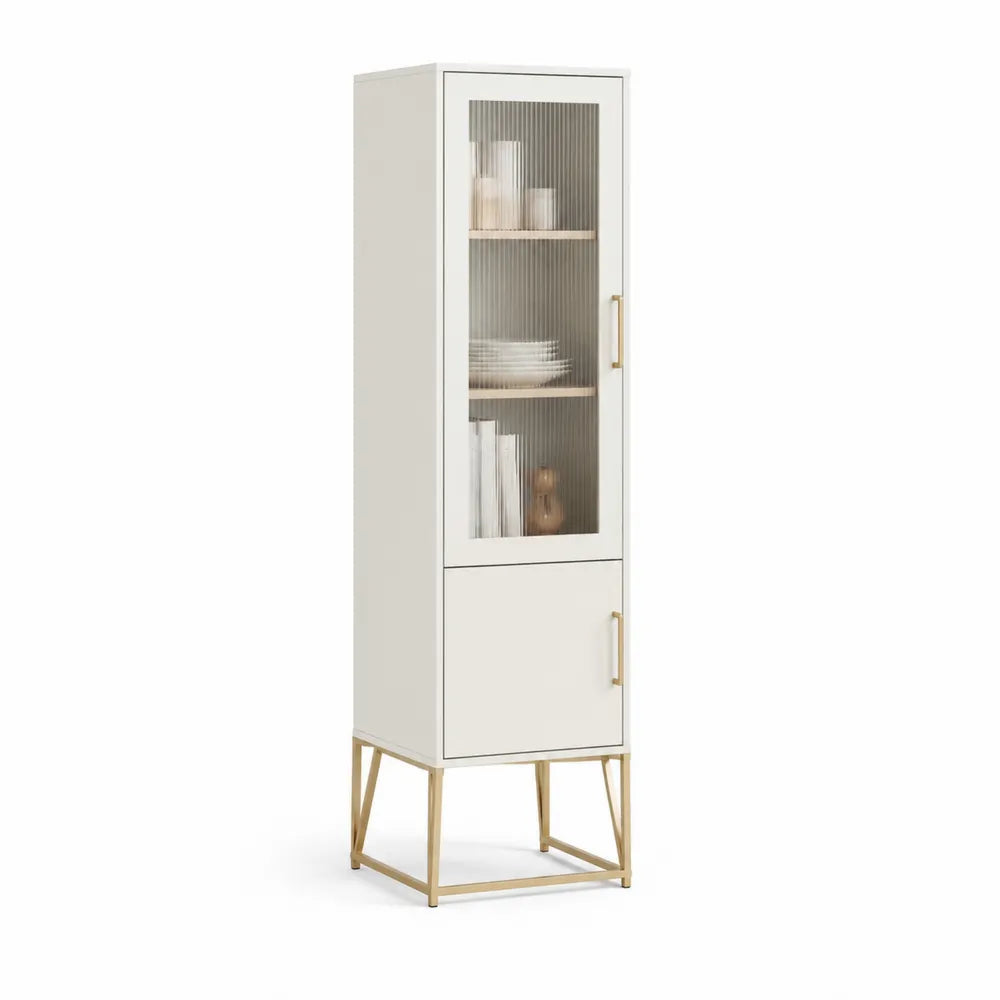 Vitrinenschrank mit Glastür MDF Stahlgestell Beige Gold 60 cm x 40 cm x 180 cm