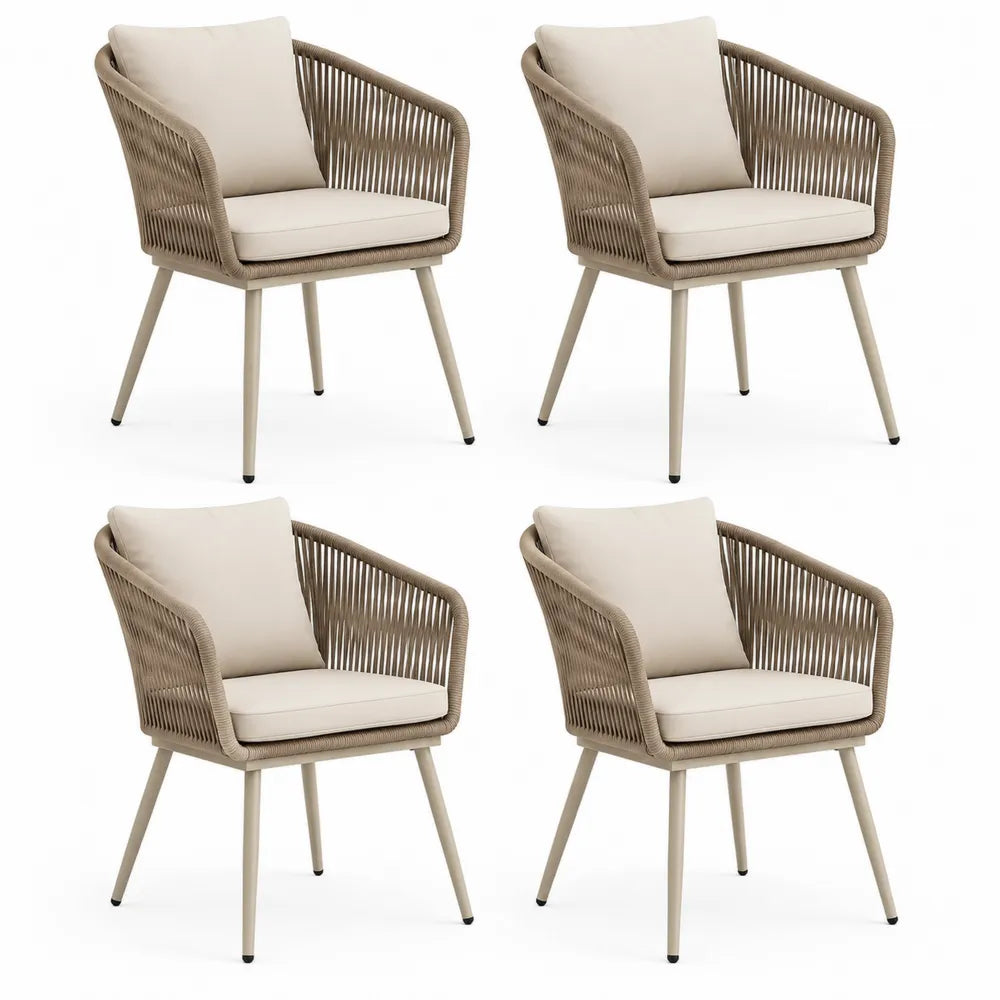 Gartenstuhl Set 4-teilig mit Armlehnen PE Rattan Geflecht Polyesterkissen Beige 58 cm x 60 cm x 82 cm