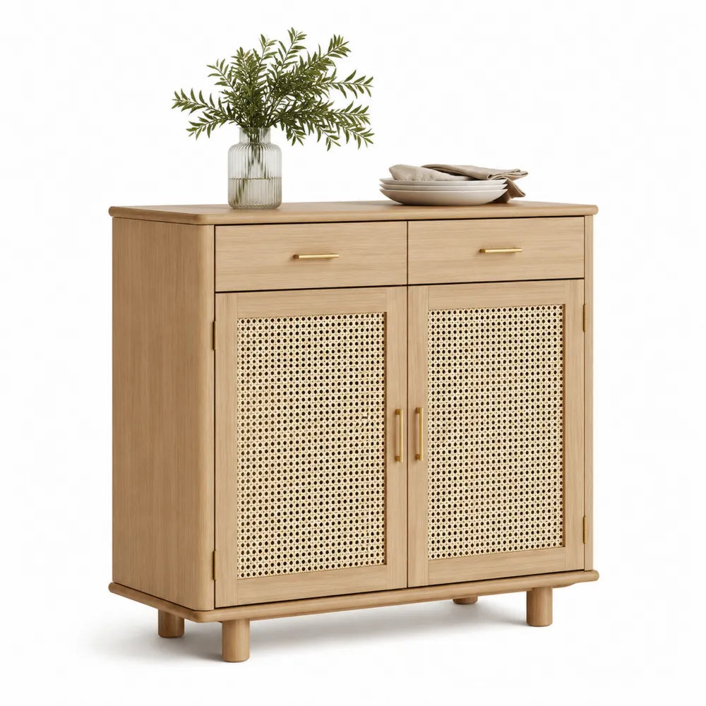Sideboard Kommode MDF Rattan Fronten Türen Schubladen Natur Braun Beige 120 x 40 x 85 cm