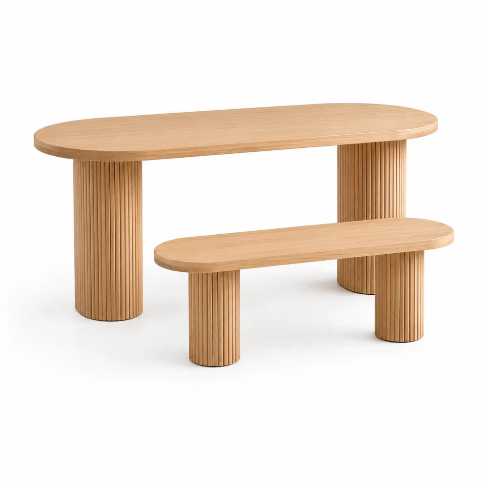 Esstisch Set mit Bank Oval MDF Holzdekor Natur Braun 180 cm x 90 cm x 75 cm