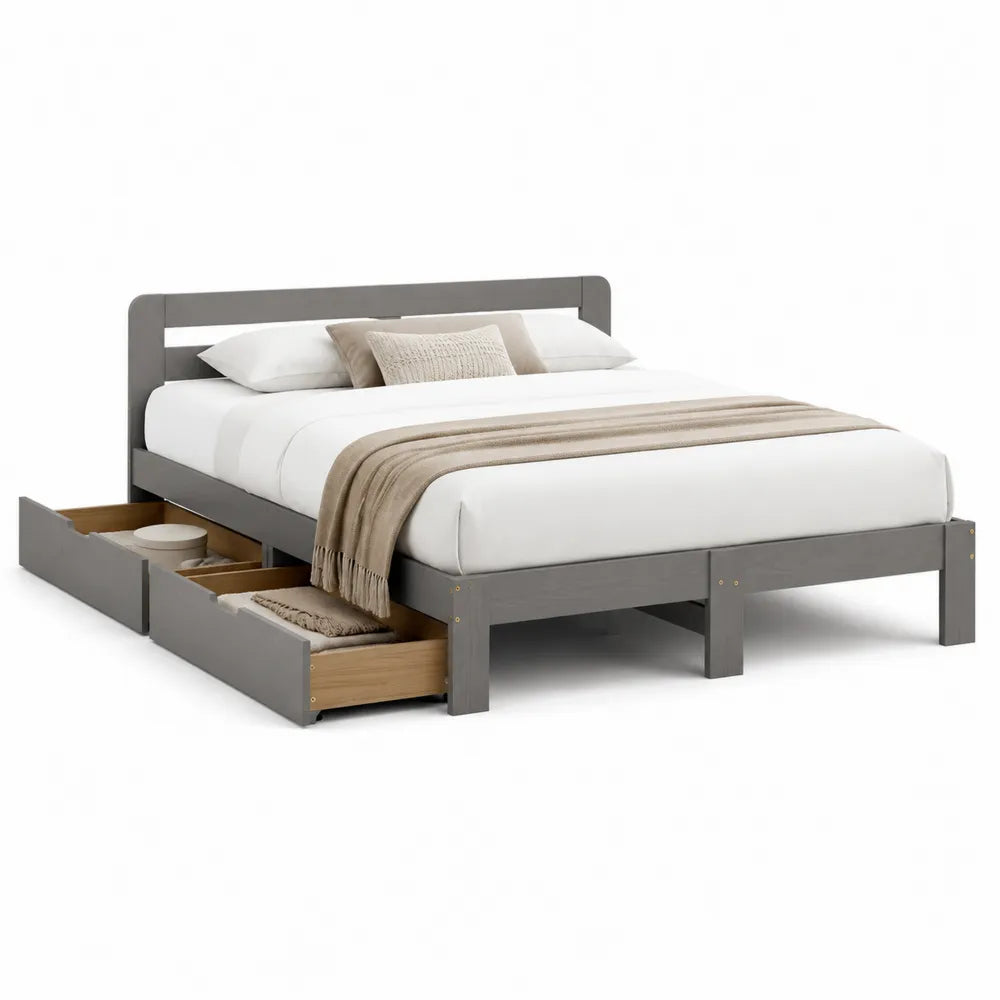 Bettgestell Doppelbett 180 x 200 cm mit Schubladen Stauraum Kiefernholz Grau