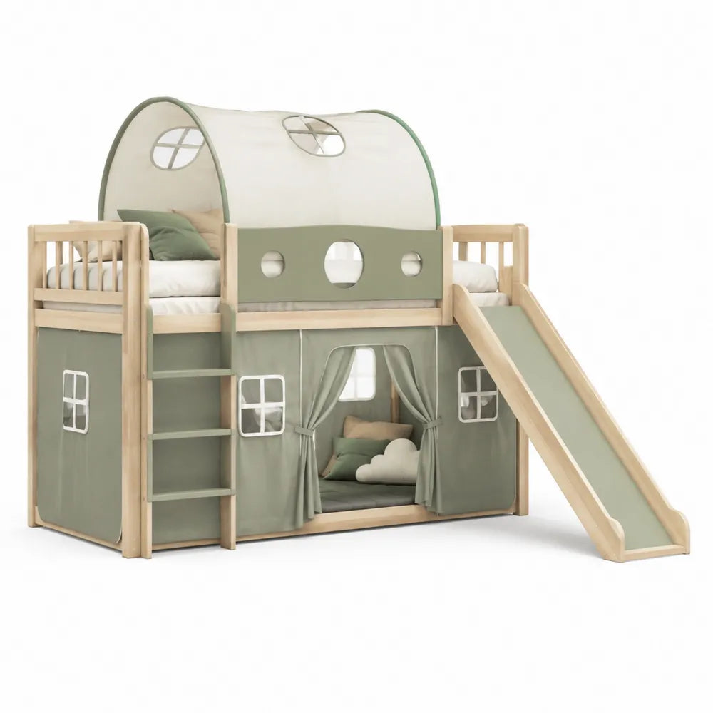 Etagenbett Kinderbett 90 x 200 cm mit Rutsche Spielbett aus Kiefernholz mit Vorhang Grün Beige