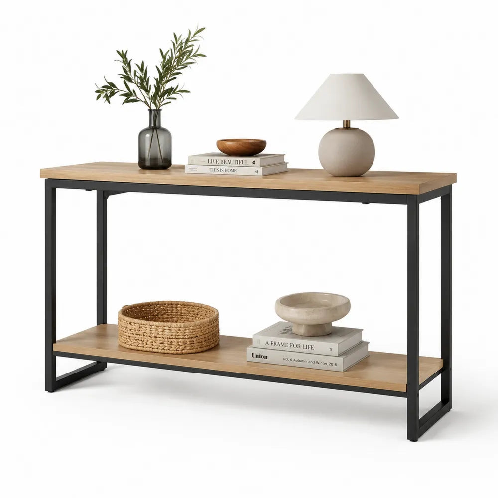 Konsolentisch mit Ablagefläche MDF Holzoptik Metallgestell Natur Schwarz 140 cm x 40 cm x 80 cm