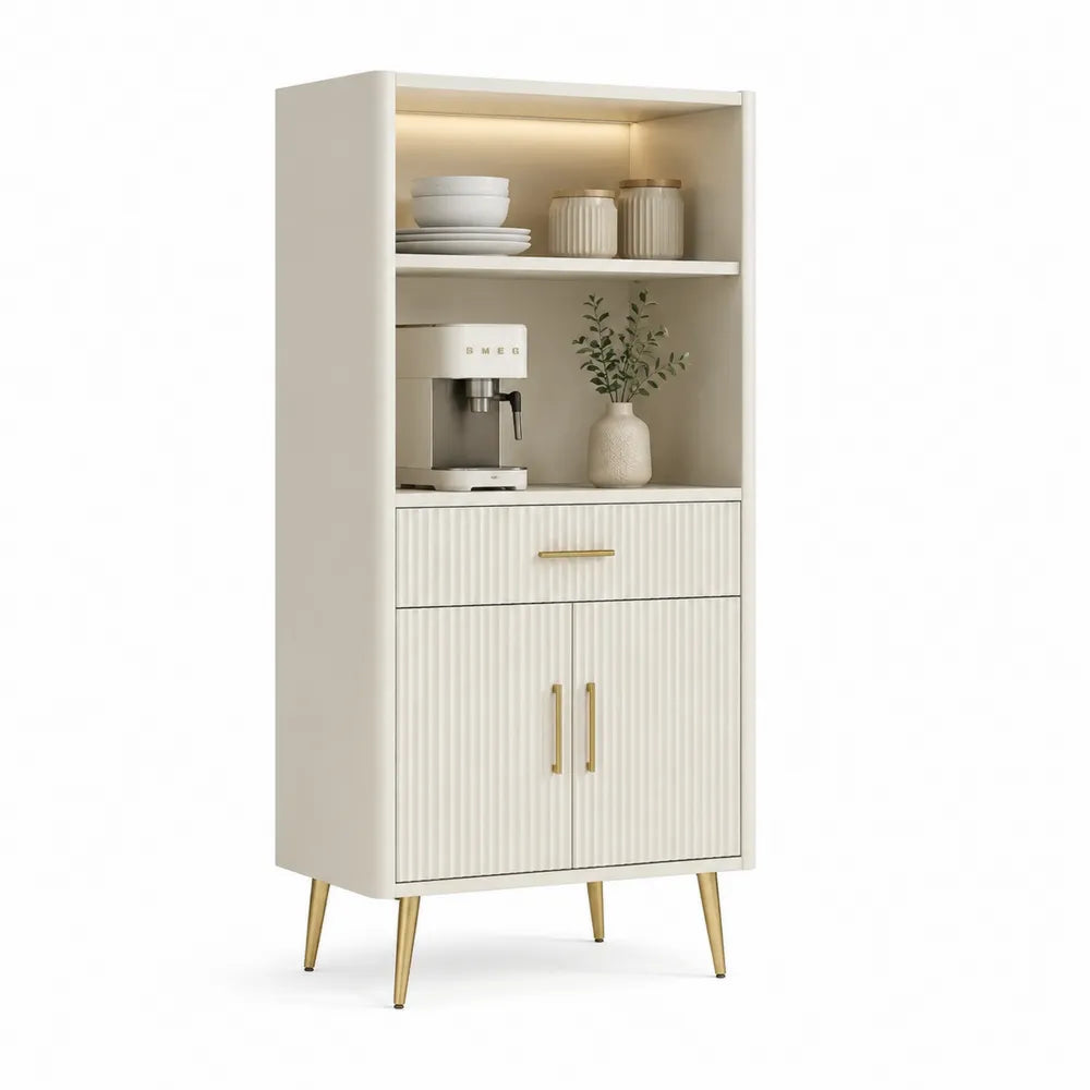 Hochschrank mit Türen Schublade offenen Fächern geriffelter Front MDF Stahlbeine Rechteckig Creme Weiß Gold 80 x 40 x 150 cm