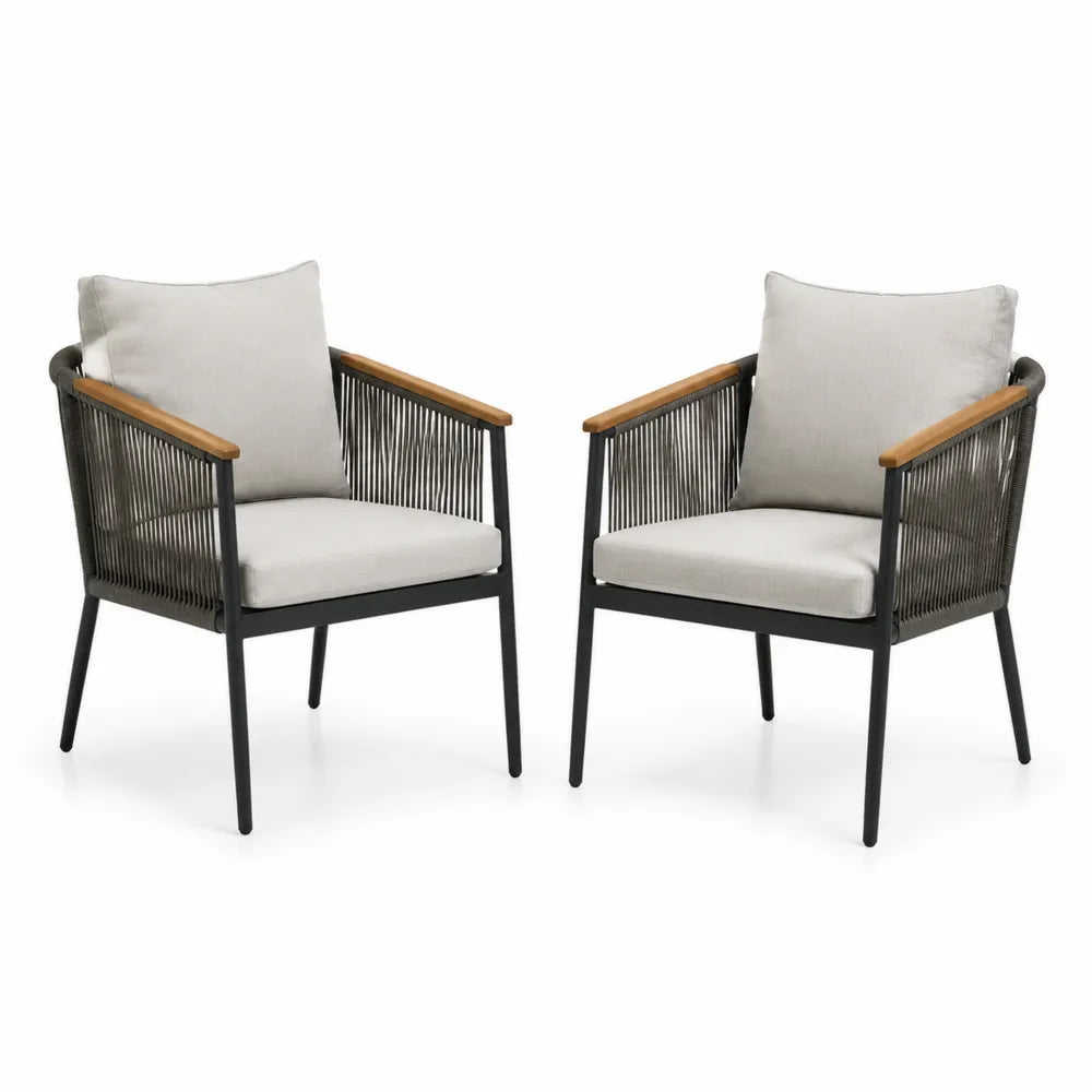 Gartenstuhl Set 2 teilig mit Armlehnen PE Rattan Geflecht Stahlgestell Kissen Schwarz Beige 58 x 62 x 82 cm
