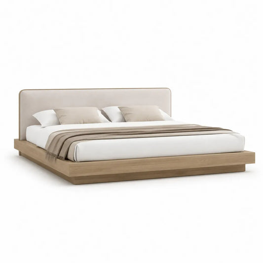 Doppelbett 180x200 cm Bettgestell mit gepolstertem Kopfteil aus Polyestergewebe Holzwerkstoff Beige
