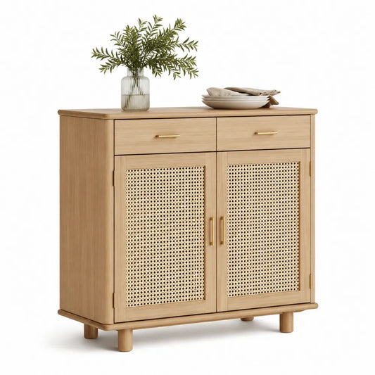 Sideboard Kommode MDF Rattan Fronten Türen Schubladen Natur Braun Beige 120 x 40 x 85 cm