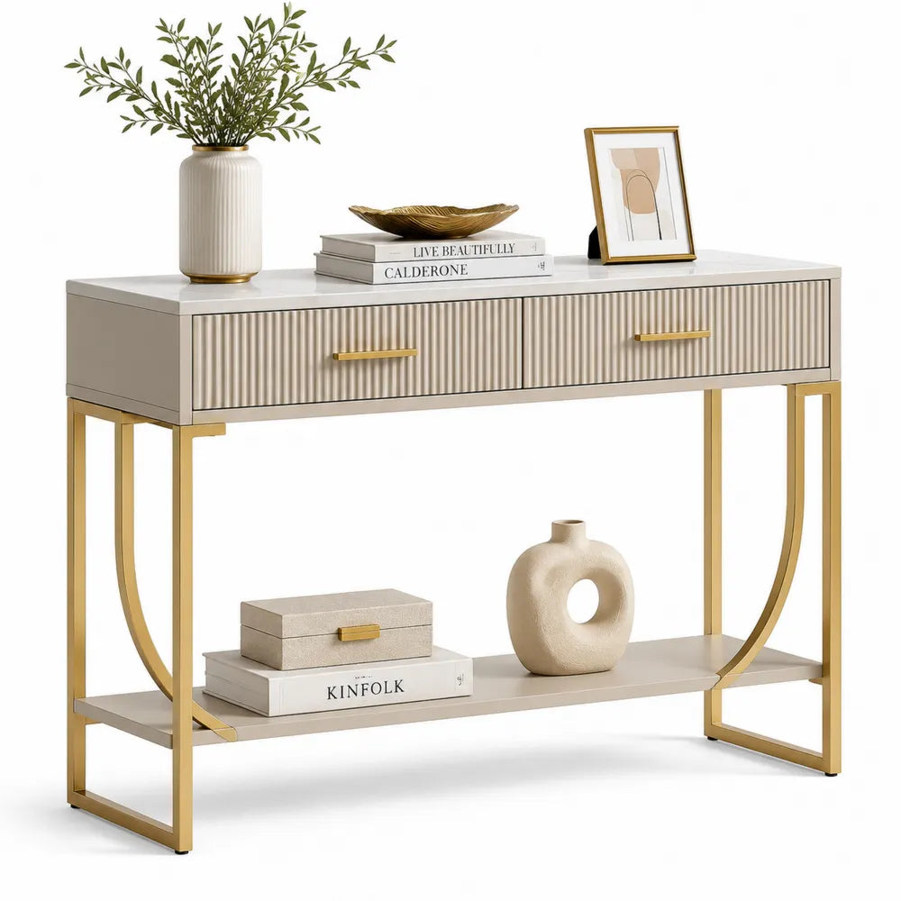 Konsolentisch mit Schubladen und Ablage MDF Stahlrahmen beige gold 120 x 35 x 80 cm