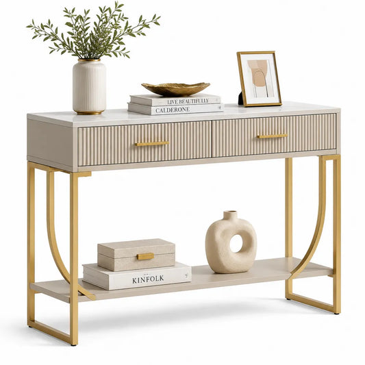 Konsolentisch mit Schubladen und Ablage MDF Stahlrahmen beige gold 120 x 35 x 80 cm