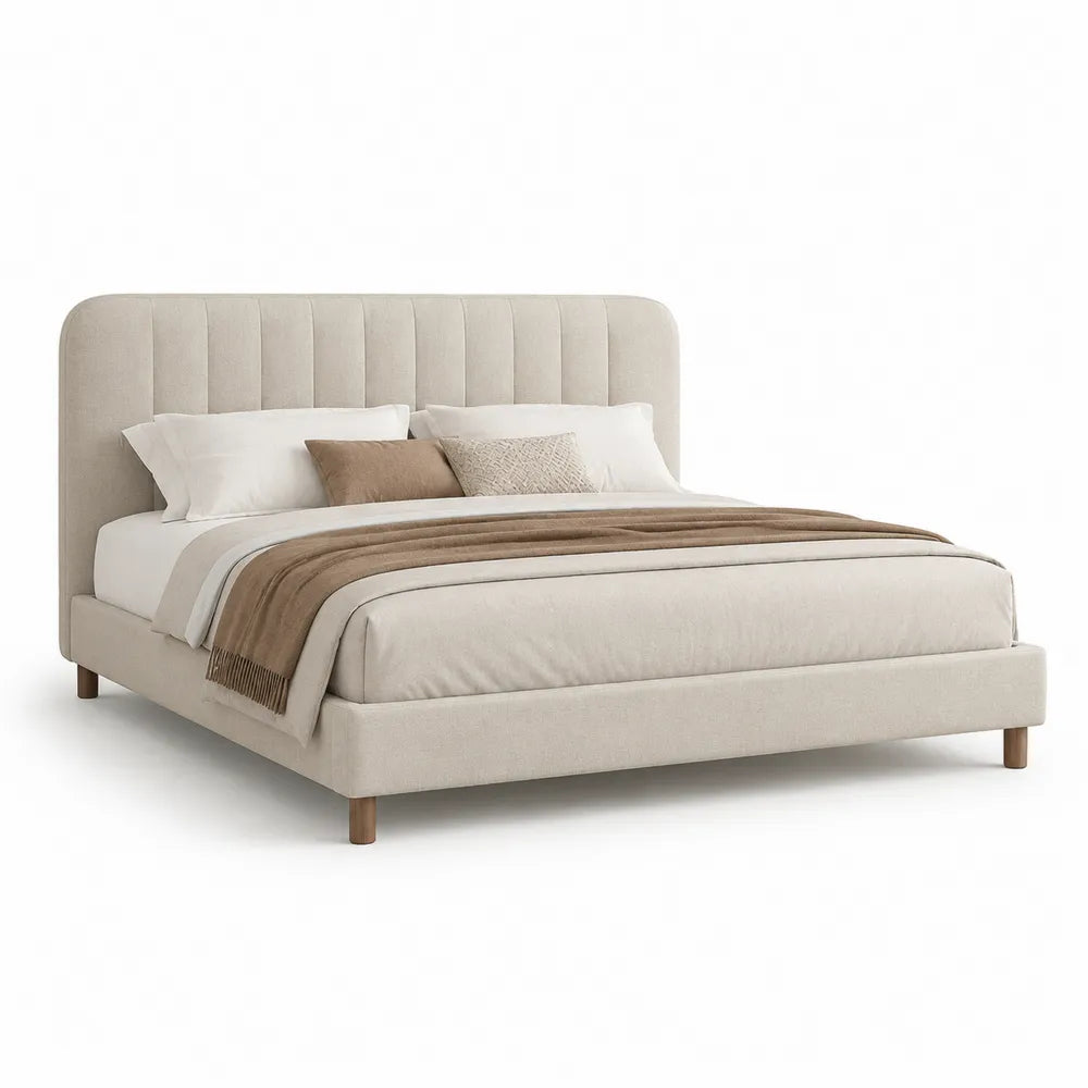 Polsterbett 180x200 cm Doppelbett mit gepolstertem Kopfteil aus Polyestergewebe Beige