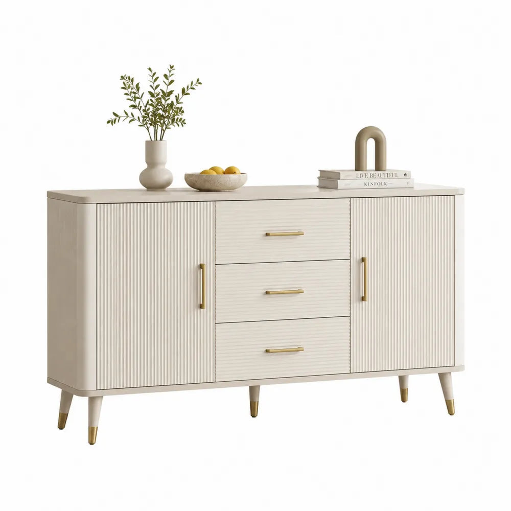 Sideboard Esszimmer Schrank 2 Türen 3 Schubladen 180 x 40 x 85 cm MDF Creme Weiß mit geriffelter Front und Metallbeinen