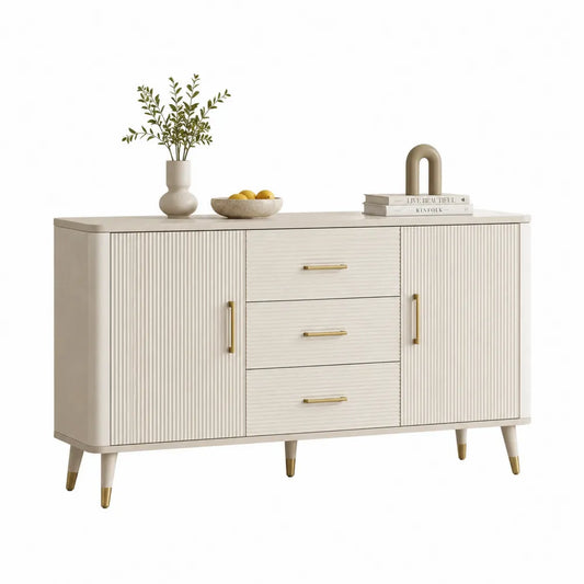 Sideboard Esszimmer Schrank 2 Türen 3 Schubladen 180 x 40 x 85 cm MDF Creme Weiß mit geriffelter Front und Metallbeinen