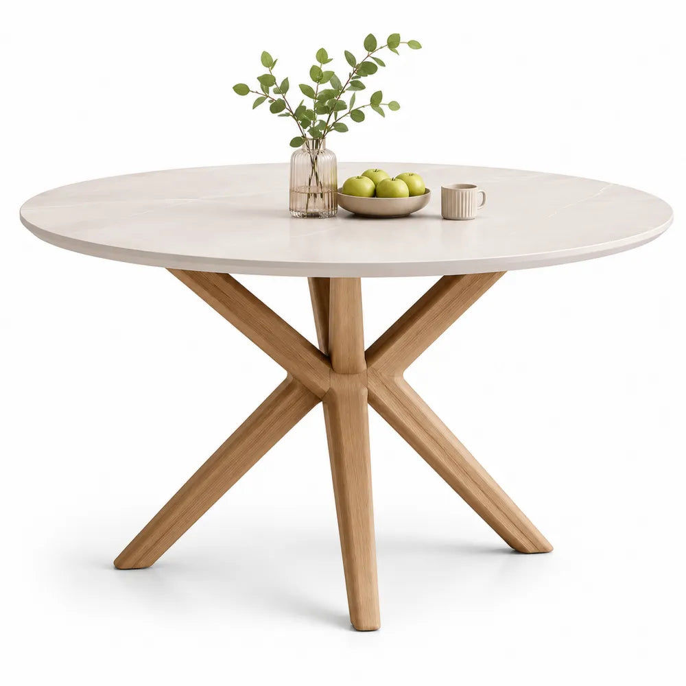 Esstisch rund Keramikplatte Holzgestell Beige Weiß 120 cm x 120 cm x 75 cm