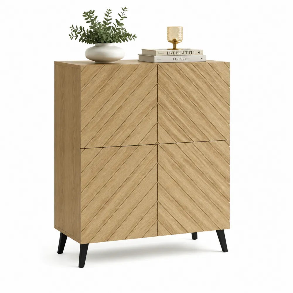 Sideboard Schrank mit 2 Türen MDF Fischgrät Front Metallbeine Rechteckig Eichefarben Schwarz 100 x 40 x 120 cm
