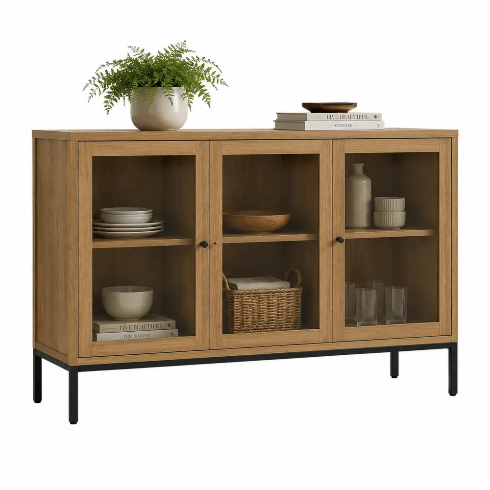 Sideboard mit 3 Glastüren MDF Stahlbeine Rechteckig Eichefarben Schwarz 180 x 40 x 85 cm