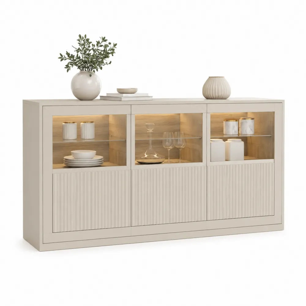 Sideboard mit 3 Glastüren geriffelter Front MDF LED Beleuchtung Rechteckig Creme Weiß 180 x 40 x 85 cm