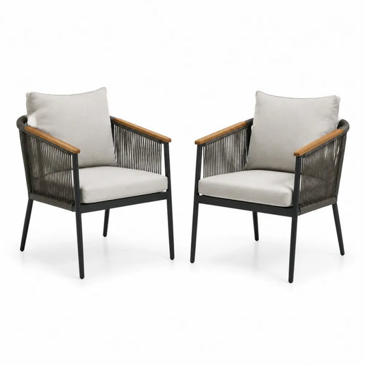 Gartenstuhl Set 2 teilig mit Armlehnen PE Rattan Geflecht Stahlgestell Kissen Schwarz Beige 58 x 62 x 82 cm