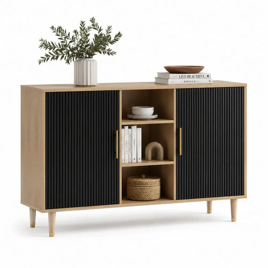 Sideboard mit Türen offenen Fächern geriffelter Front MDF Metallbeine Rechteckig Eichefarben Schwarz Gold 160 x 40 x 85 cm