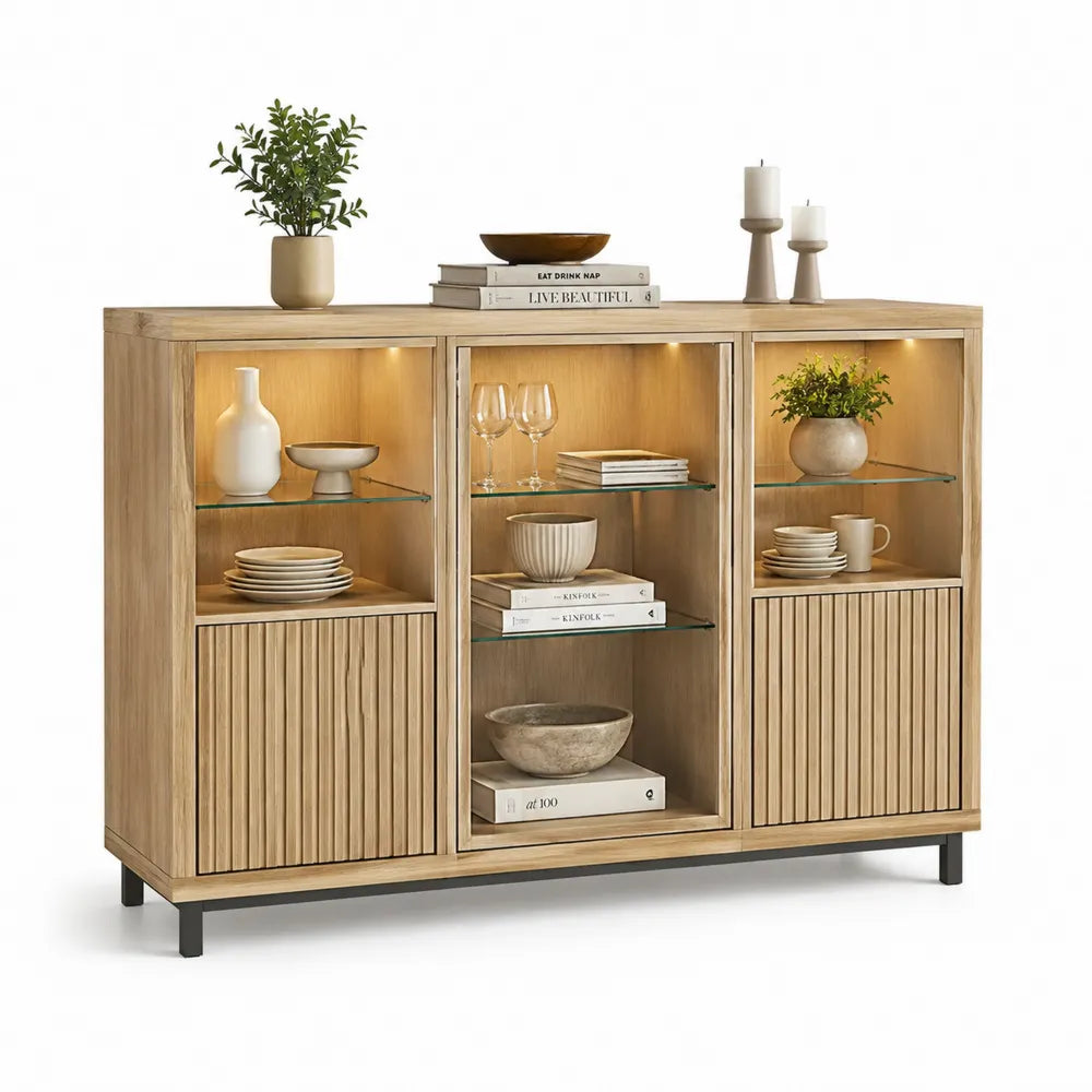 Sideboard Esszimmer Schrank 3 Türen 180 x 40 x 85 cm MDF Eichefarben mit Glastüren geriffelter Front und LED Beleuchtung
