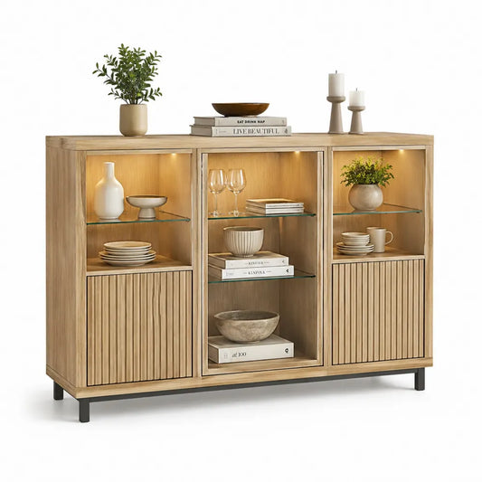 Sideboard Esszimmer Schrank 3 Türen 180 x 40 x 85 cm MDF Eichefarben mit Glastüren geriffelter Front und LED Beleuchtung